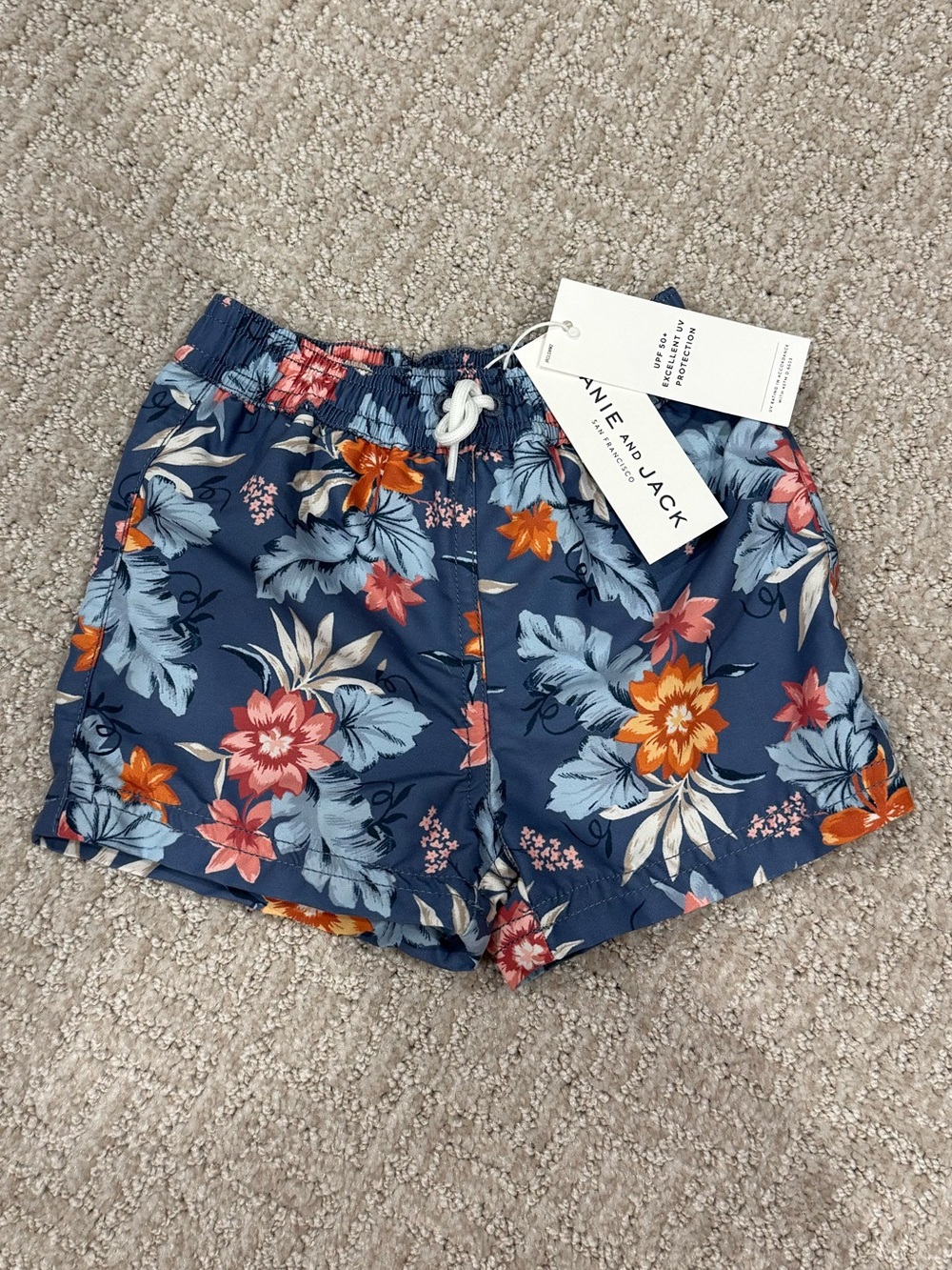 Janie and Jack Navy Floral Drawstring Baby Swim Trunks